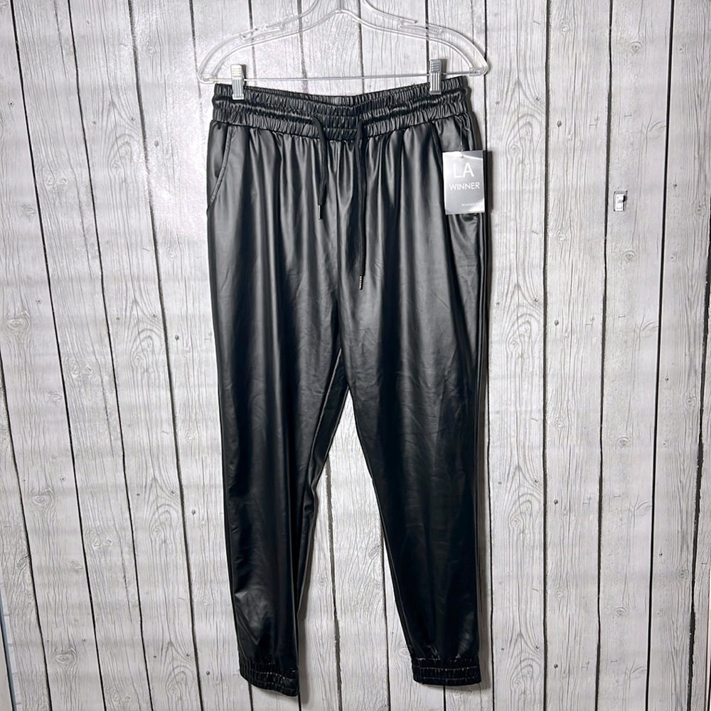 LA Winner black faux leather joggers size Large